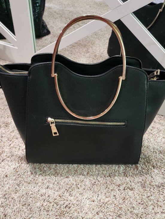 Miztique Handbags - Chic Miztique Black Vegan Leather Satchel with Sculptural Gold Handles